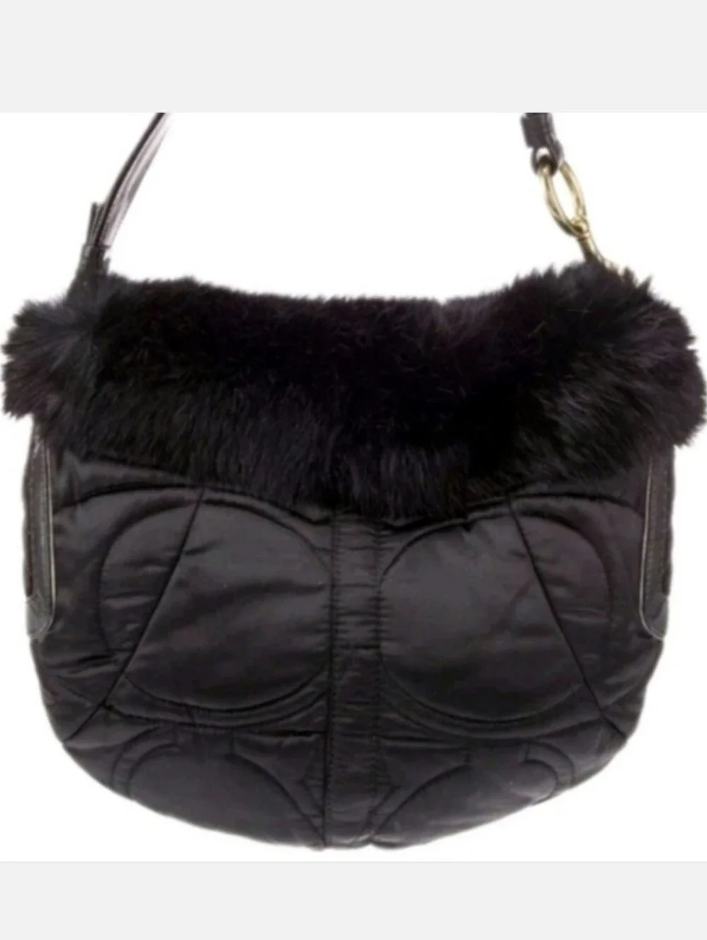 2 Pc. Coach Black Rabbit Fur Plushy Signature Quilted Purse & Matching Wristlet
